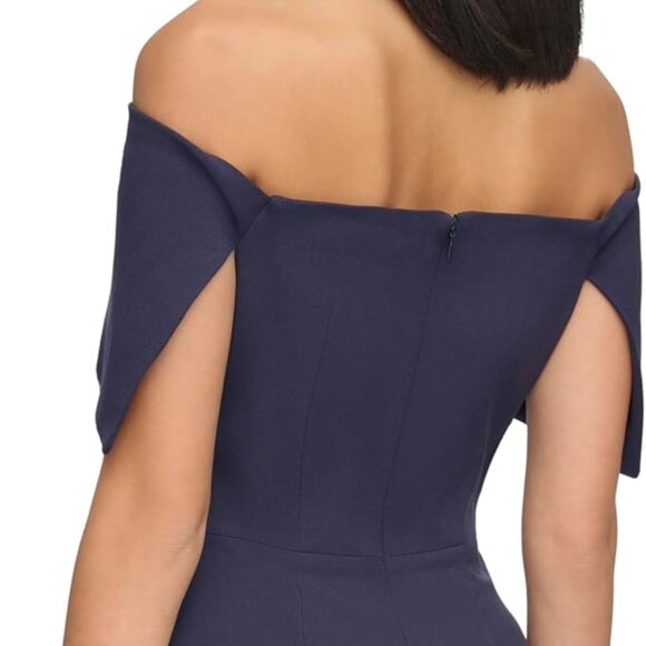 Vince Camuto Navy Off-Shoulder Ruched Midi Cocktail Formal Dress Size 16 - Picture 3 of 12
